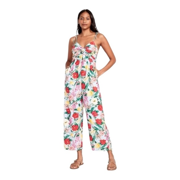 Old Navy Floral Tie-Shoulder Twist-Front Cropped Leg Jumpsuit  - Size Large - Picture 1 of 13